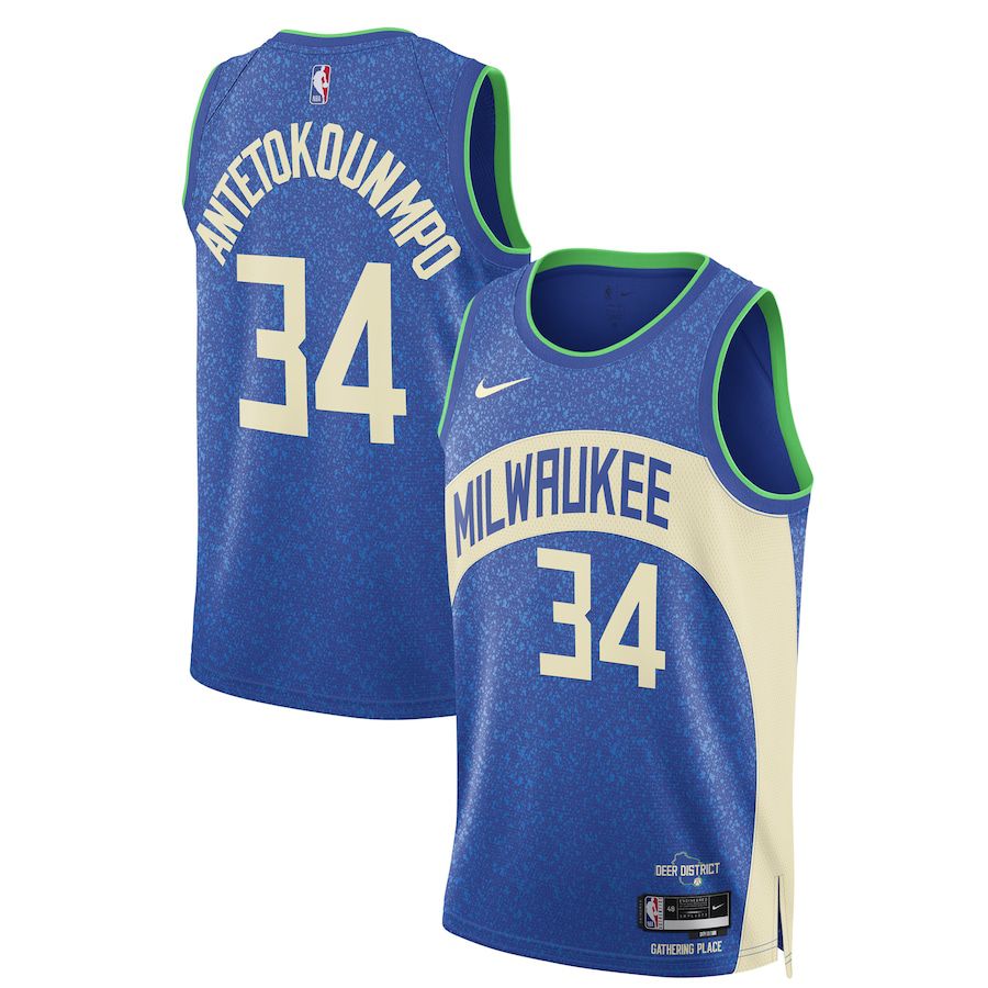 Men Milwaukee Bucks 34 Giannis Antetokounmpo Nike Blue City Edition 2023-24 Swingman NBA Jersey